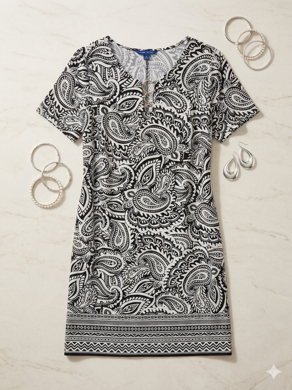 Apt. 9 Black and White Paisley Short-Sleeve Dress